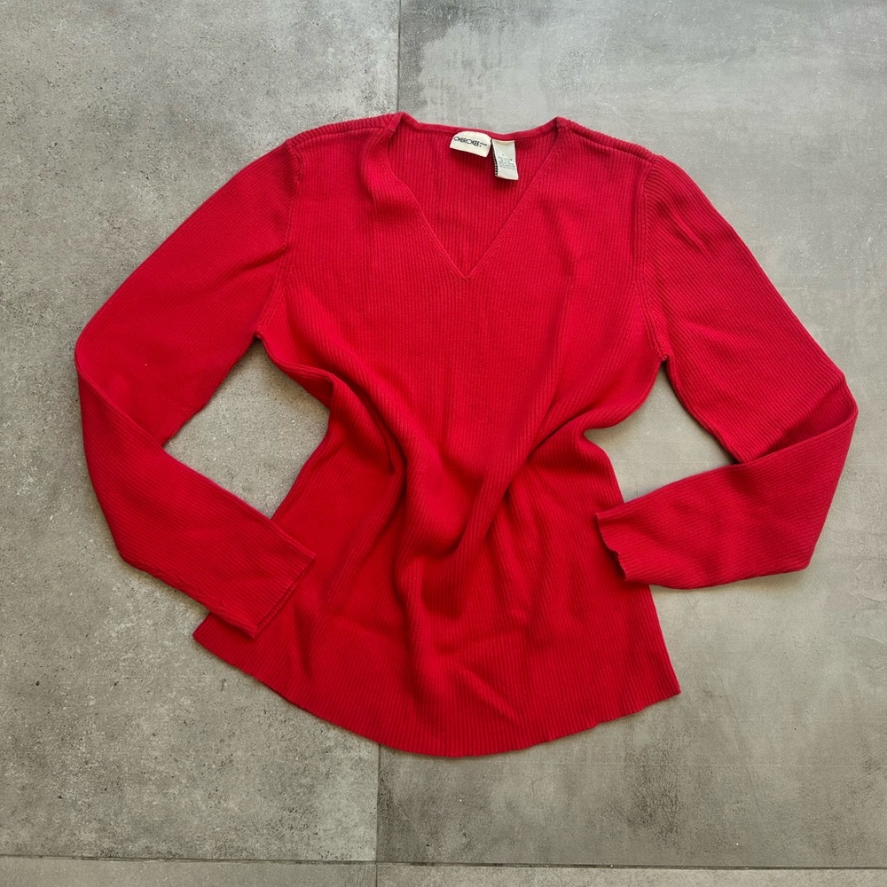 Red Ribbed V-Neck Long Sleeve Top - Size L